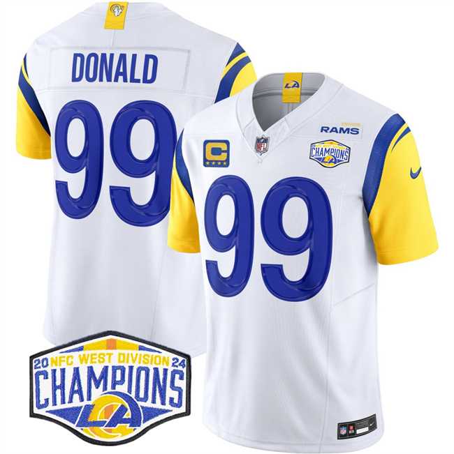 Mens Los Angeles Rams #99 Aaron Donald White 2024 NFC West Champions With 4-Star C Patch F.U.S.E. Vapor Untouchable Stitched Jersey->los angeles rams->NFL Jersey